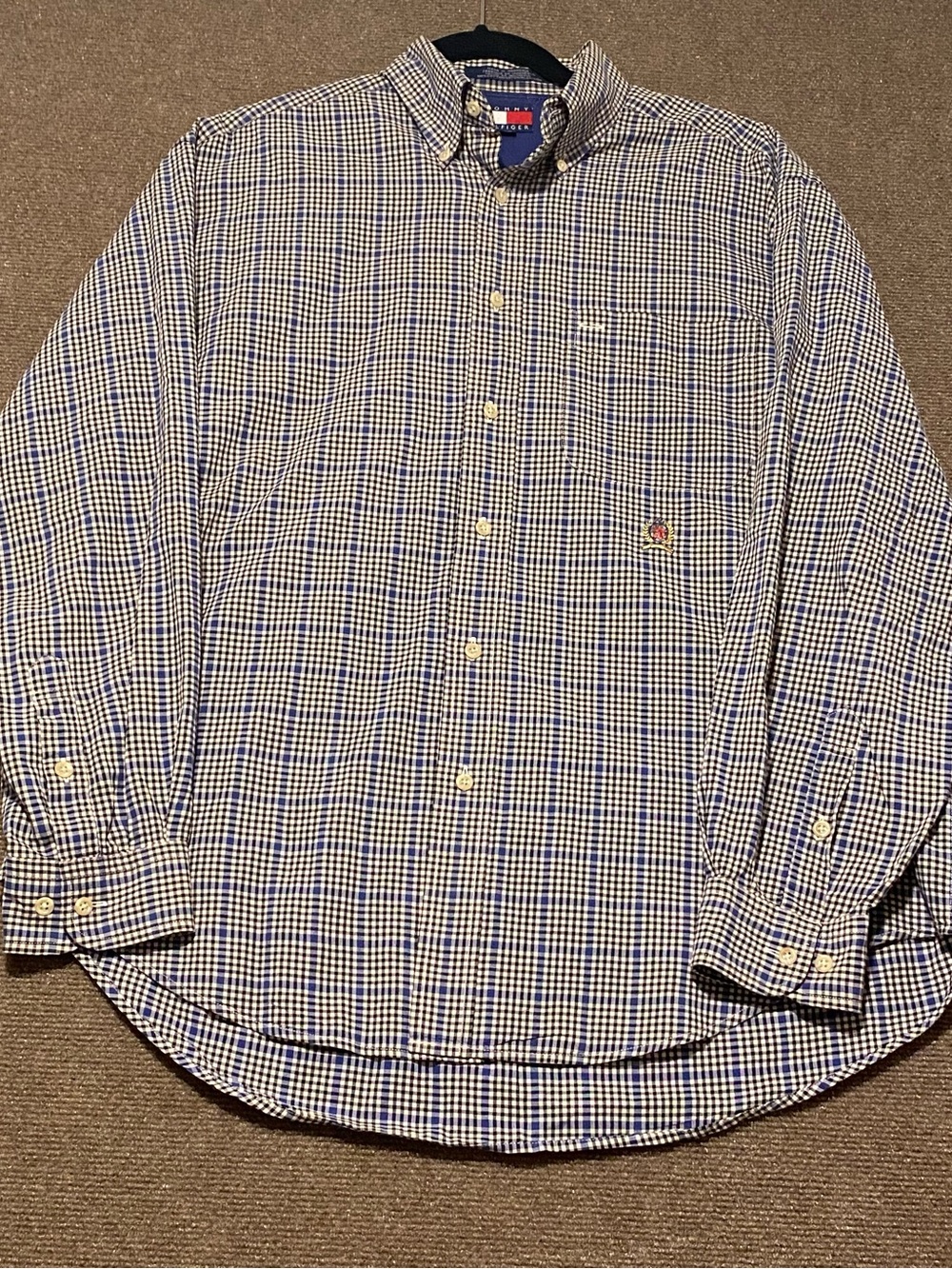 Tommy Hilfiger Vintage Embroidered Crest Plaid Oxford Shirt Medium Blue